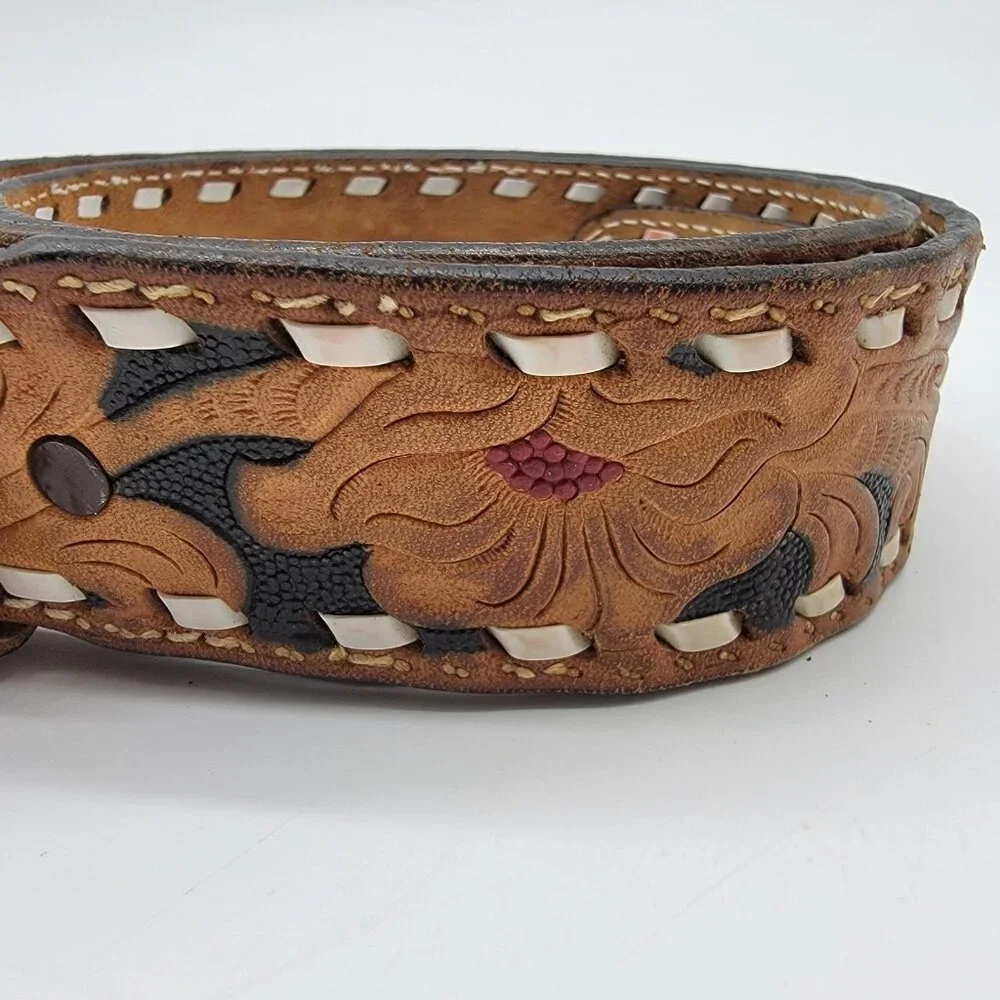 Anheuser Busch Belt Buckle Raintree Vintage 1980 & Floral Embossed Leather‎ Belt